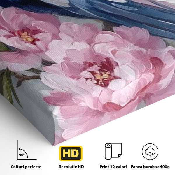 Leinwand Wandkunst Canvas Premium, LuxCanva® M1116, Floral Serenade, Pfau, Blumen, Pfau, Rosa, Frühling, Veredelung, Pastell, Seide, Natur, Edel, Vogel, Büro, Wohnen, Kinderzimmer