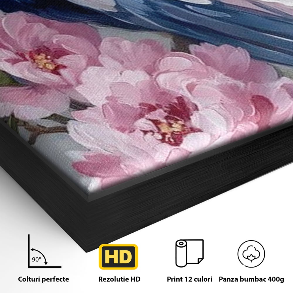 Leinwand Wandkunst Canvas Premium, LuxCanva® M1116, Floral Serenade, Pfau, Blumen, Pfau, Rosa, Frühling, Veredelung, Pastell, Seide, Natur, Edel, Vogel, Büro, Wohnen, Kinderzimmer