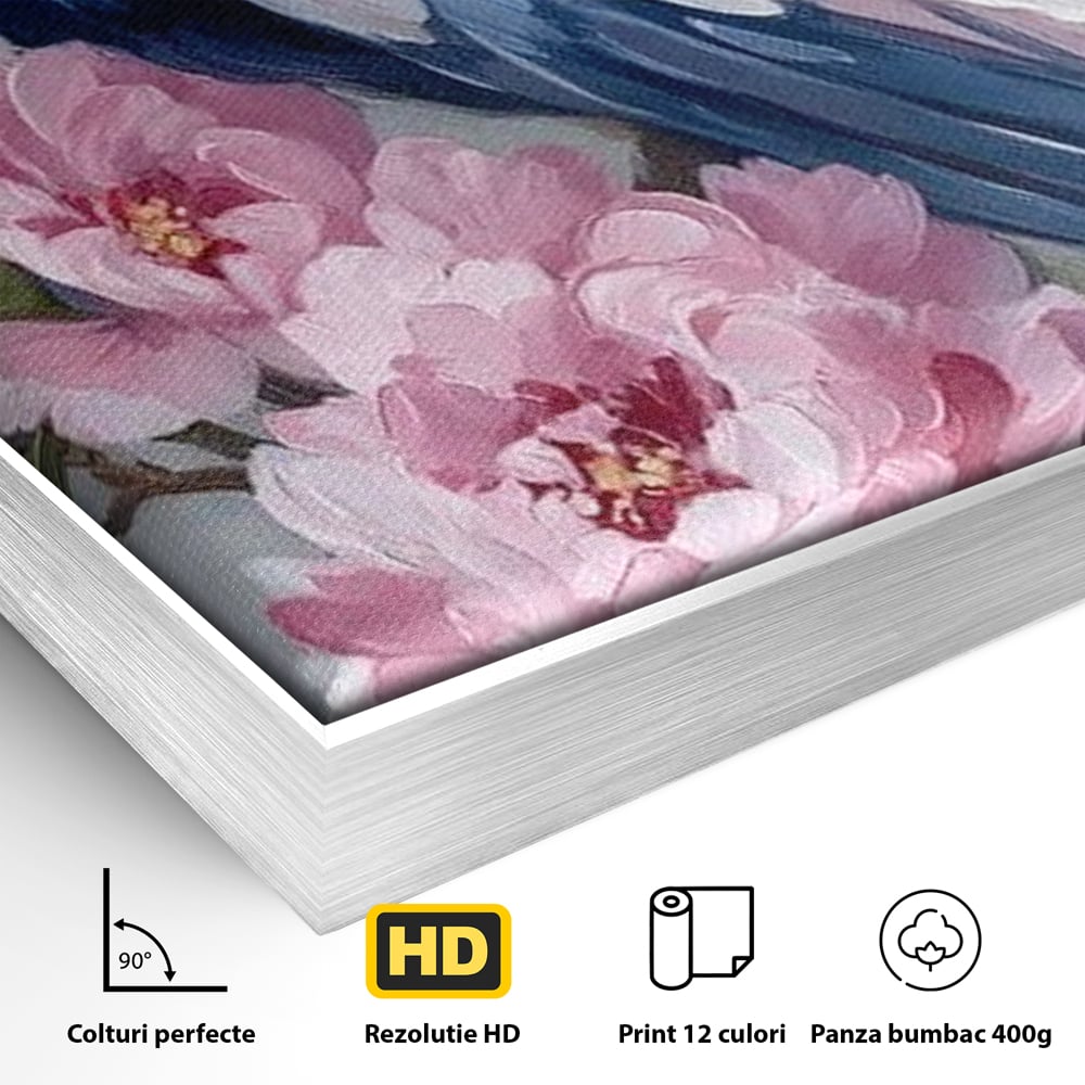 Leinwand Wandkunst Canvas Premium, LuxCanva® M1116, Floral Serenade, Pfau, Blumen, Pfau, Rosa, Frühling, Veredelung, Pastell, Seide, Natur, Edel, Vogel, Büro, Wohnen, Kinderzimmer