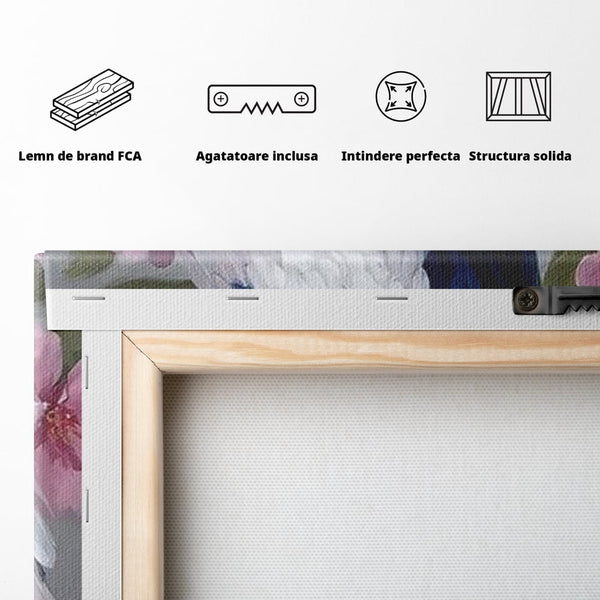 Leinwand Wandkunst Canvas Premium, LuxCanva® M1116, Floral Serenade, Pfau, Blumen, Pfau, Rosa, Frühling, Veredelung, Pastell, Seide, Natur, Edel, Vogel, Büro, Wohnen, Kinderzimmer