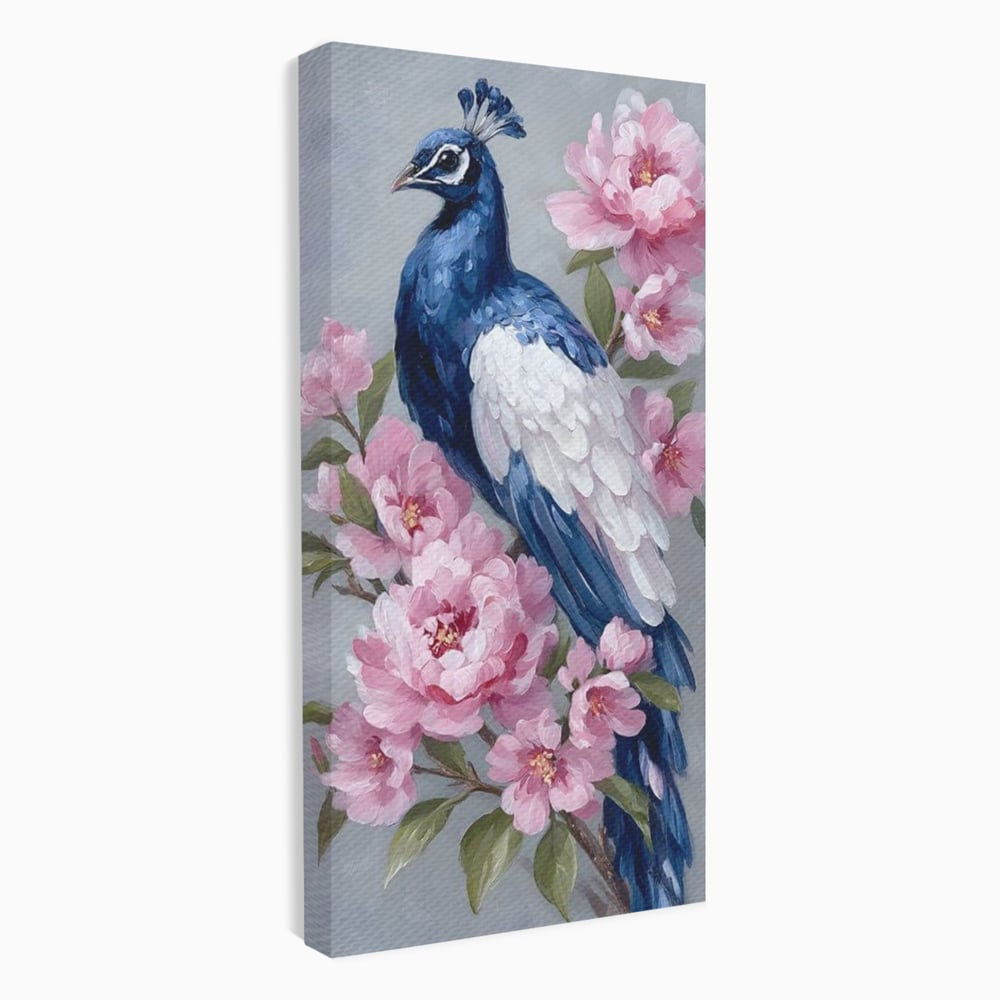 Leinwand Wandkunst Canvas Premium, LuxCanva® M1116, Floral Serenade, Pfau, Blumen, Pfau, Rosa, Frühling, Veredelung, Pastell, Seide, Natur, Edel, Vogel, Büro, Wohnen, Kinderzimmer