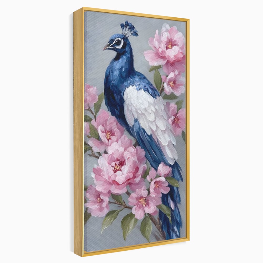 Leinwand Wandkunst Canvas Premium, LuxCanva® M1116, Floral Serenade, Pfau, Blumen, Pfau, Rosa, Frühling, Veredelung, Pastell, Seide, Natur, Edel, Vogel, Büro, Wohnen, Kinderzimmer