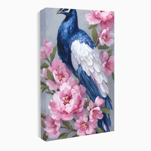 Leinwand Wandkunst Canvas Premium, LuxCanva® M1116, Floral Serenade, Pfau, Blumen, Pfau, Rosa, Frühling, Veredelung, Pastell, Seide, Natur, Edel, Vogel, Büro, Wohnen, Kinderzimmer