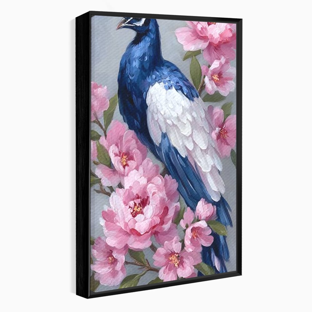 Leinwand Wandkunst Canvas Premium, LuxCanva® M1116, Floral Serenade, Pfau, Blumen, Pfau, Rosa, Frühling, Veredelung, Pastell, Seide, Natur, Edel, Vogel, Büro, Wohnen, Kinderzimmer