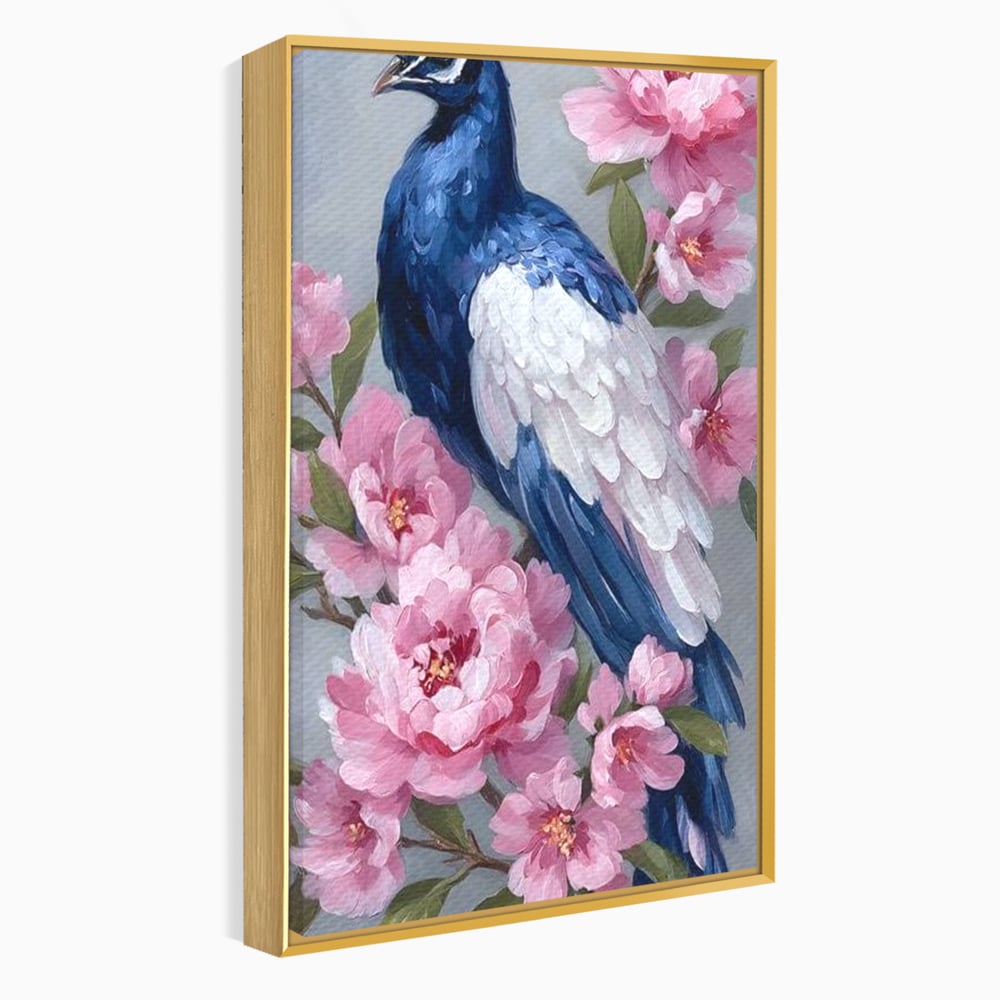 Leinwand Wandkunst Canvas Premium, LuxCanva® M1116, Floral Serenade, Pfau, Blumen, Pfau, Rosa, Frühling, Veredelung, Pastell, Seide, Natur, Edel, Vogel, Büro, Wohnen, Kinderzimmer