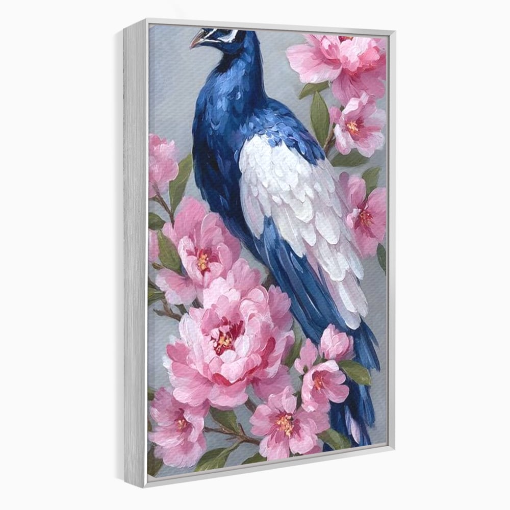 Leinwand Wandkunst Canvas Premium, LuxCanva® M1116, Floral Serenade, Pfau, Blumen, Pfau, Rosa, Frühling, Veredelung, Pastell, Seide, Natur, Edel, Vogel, Büro, Wohnen, Kinderzimmer