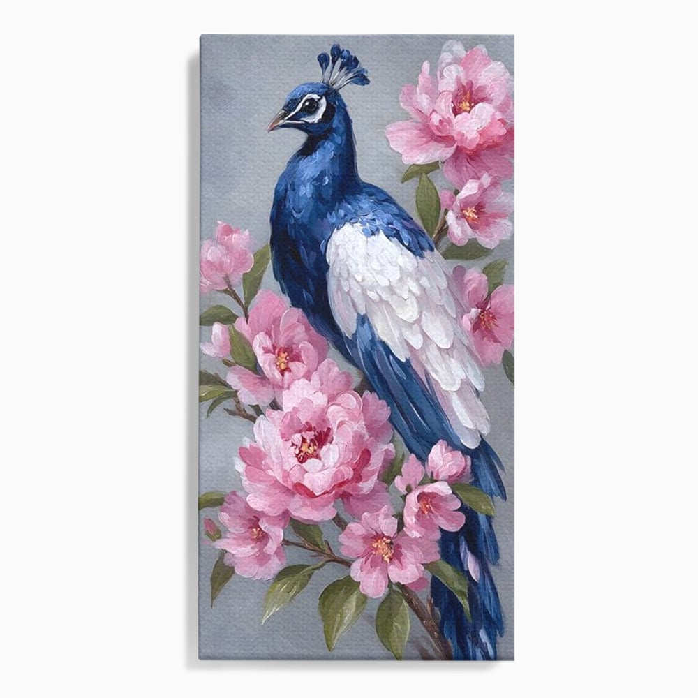 Leinwand Wandkunst Canvas Premium, LuxCanva® M1116, Floral Serenade, Pfau, Blumen, Pfau, Rosa, Frühling, Veredelung, Pastell, Seide, Natur, Edel, Vogel, Büro, Wohnen, Kinderzimmer