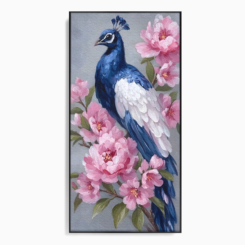 Leinwand Wandkunst Canvas Premium, LuxCanva® M1116, Floral Serenade, Pfau, Blumen, Pfau, Rosa, Frühling, Veredelung, Pastell, Seide, Natur, Edel, Vogel, Büro, Wohnen, Kinderzimmer