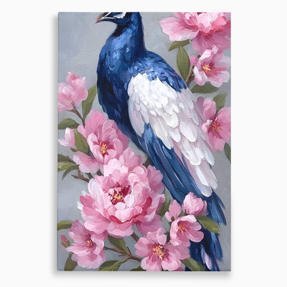 Leinwand Wandkunst Canvas Premium, LuxCanva® M1116, Floral Serenade, Pfau, Blumen, Pfau, Rosa, Frühling, Veredelung, Pastell, Seide, Natur, Edel, Vogel, Büro, Wohnen, Kinderzimmer