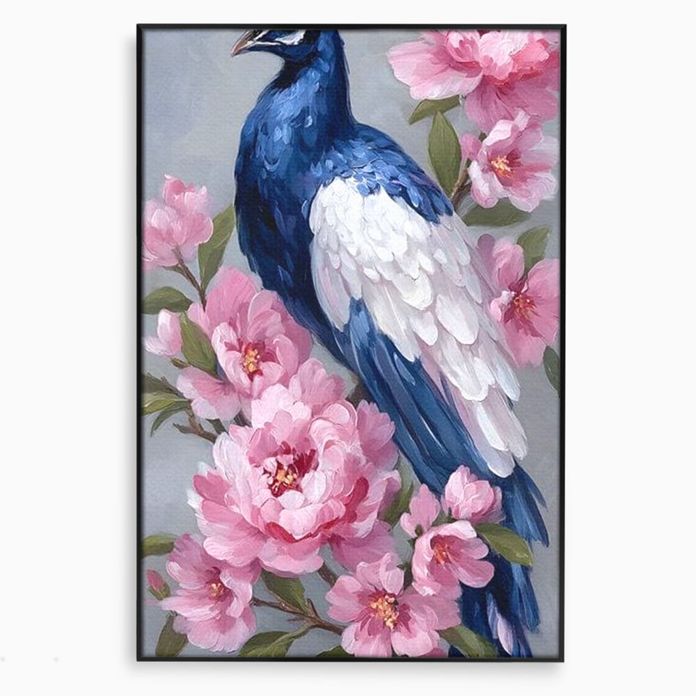 Leinwand Wandkunst Canvas Premium, LuxCanva® M1116, Floral Serenade, Pfau, Blumen, Pfau, Rosa, Frühling, Veredelung, Pastell, Seide, Natur, Edel, Vogel, Büro, Wohnen, Kinderzimmer