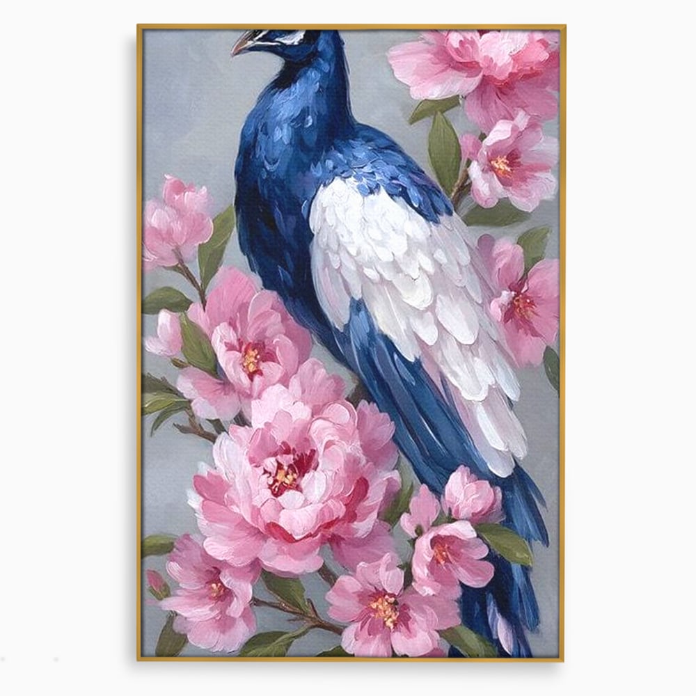Leinwand Wandkunst Canvas Premium, LuxCanva® M1116, Floral Serenade, Pfau, Blumen, Pfau, Rosa, Frühling, Veredelung, Pastell, Seide, Natur, Edel, Vogel, Büro, Wohnen, Kinderzimmer