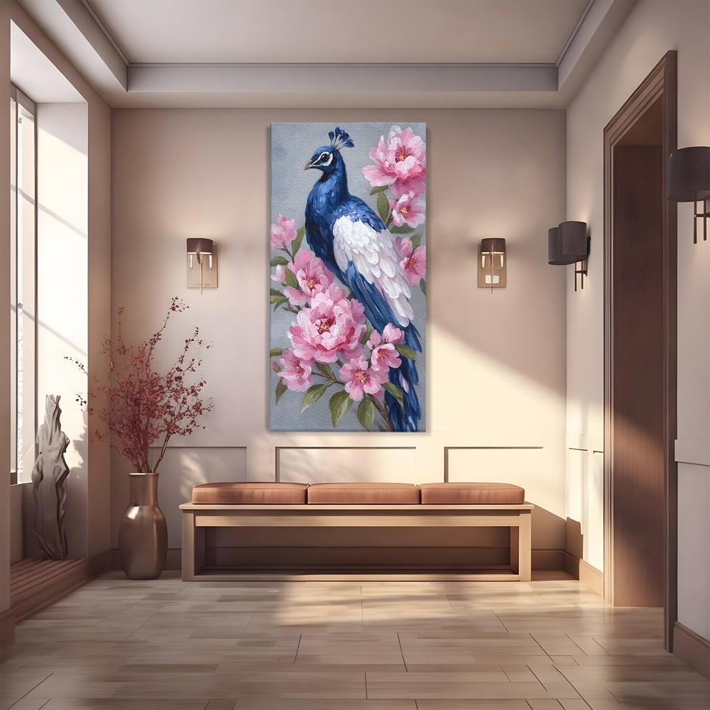 Leinwand Wandkunst Canvas Premium, LuxCanva® M1116, Floral Serenade, Pfau, Blumen, Pfau, Rosa, Frühling, Veredelung, Pastell, Seide, Natur, Edel, Vogel, Büro, Wohnen, Kinderzimmer