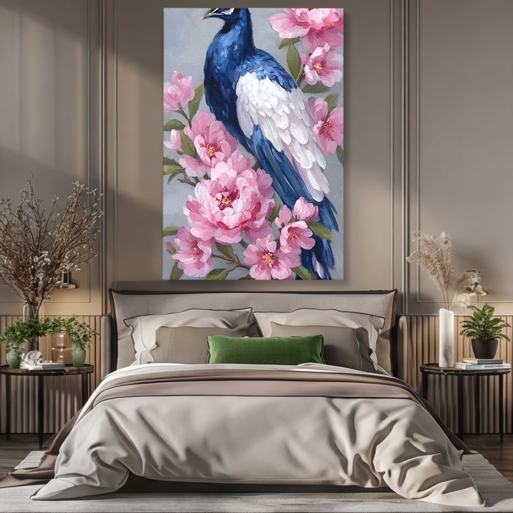 Leinwand Wandkunst Canvas Premium, LuxCanva® M1116, Floral Serenade, Pfau, Blumen, Pfau, Rosa, Frühling, Veredelung, Pastell, Seide, Natur, Edel, Vogel, Büro, Wohnen, Kinderzimmer