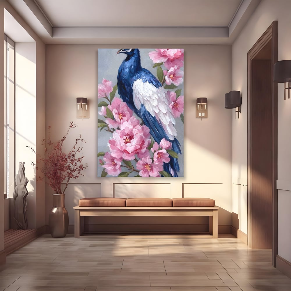 Leinwand Wandkunst Canvas Premium, LuxCanva® M1116, Floral Serenade, Pfau, Blumen, Pfau, Rosa, Frühling, Veredelung, Pastell, Seide, Natur, Edel, Vogel, Büro, Wohnen, Kinderzimmer