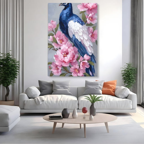 Leinwand Wandkunst Canvas Premium, LuxCanva® M1116, Floral Serenade, Pfau, Blumen, Pfau, Rosa, Frühling, Veredelung, Pastell, Seide, Natur, Edel, Vogel, Büro, Wohnen, Kinderzimmer