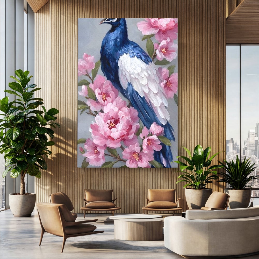Leinwand Wandkunst Canvas Premium, LuxCanva® M1116, Floral Serenade, Pfau, Blumen, Pfau, Rosa, Frühling, Veredelung, Pastell, Seide, Natur, Edel, Vogel, Büro, Wohnen, Kinderzimmer