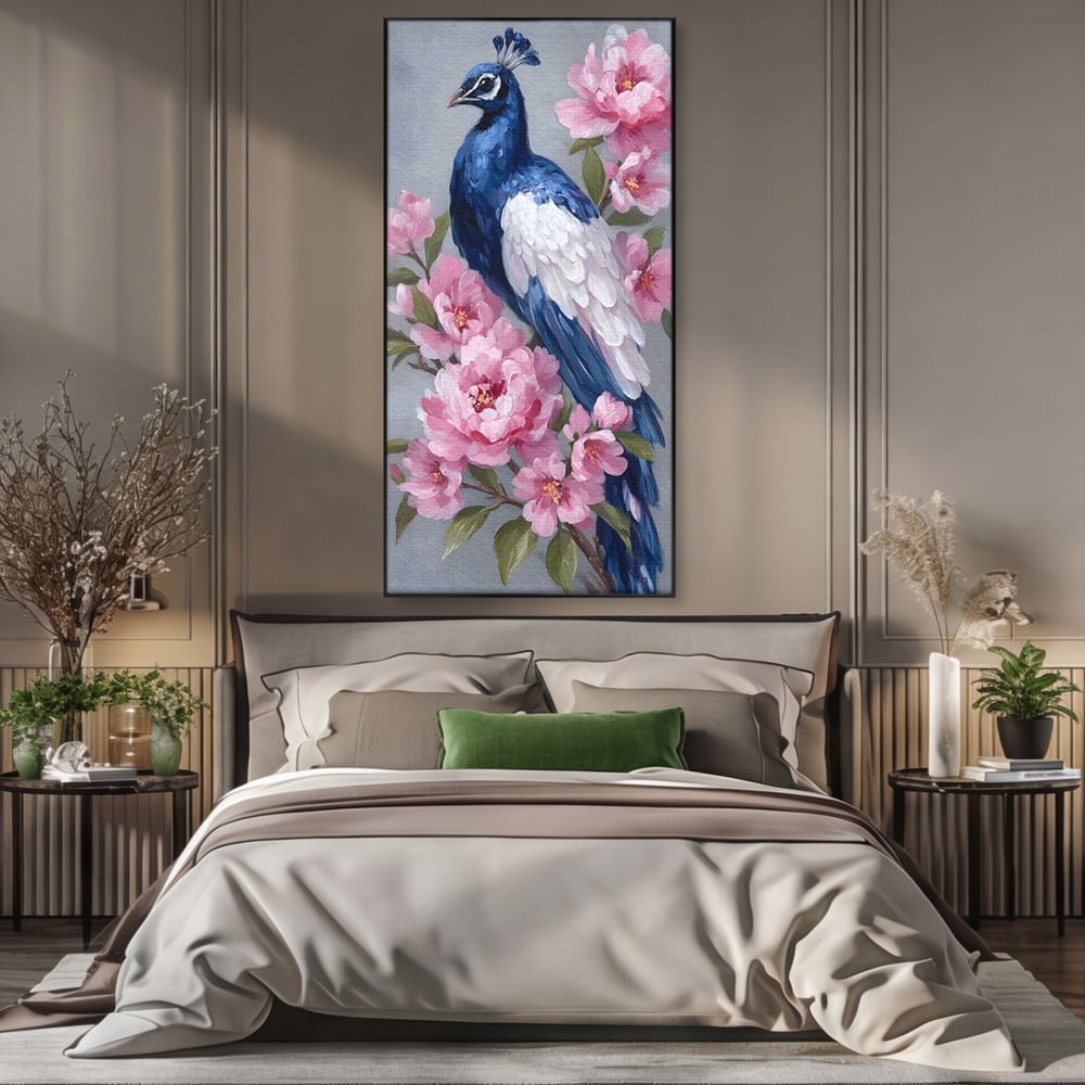 Leinwand Wandkunst Canvas Premium, LuxCanva® M1116, Floral Serenade, Pfau, Blumen, Pfau, Rosa, Frühling, Veredelung, Pastell, Seide, Natur, Edel, Vogel, Büro, Wohnen, Kinderzimmer