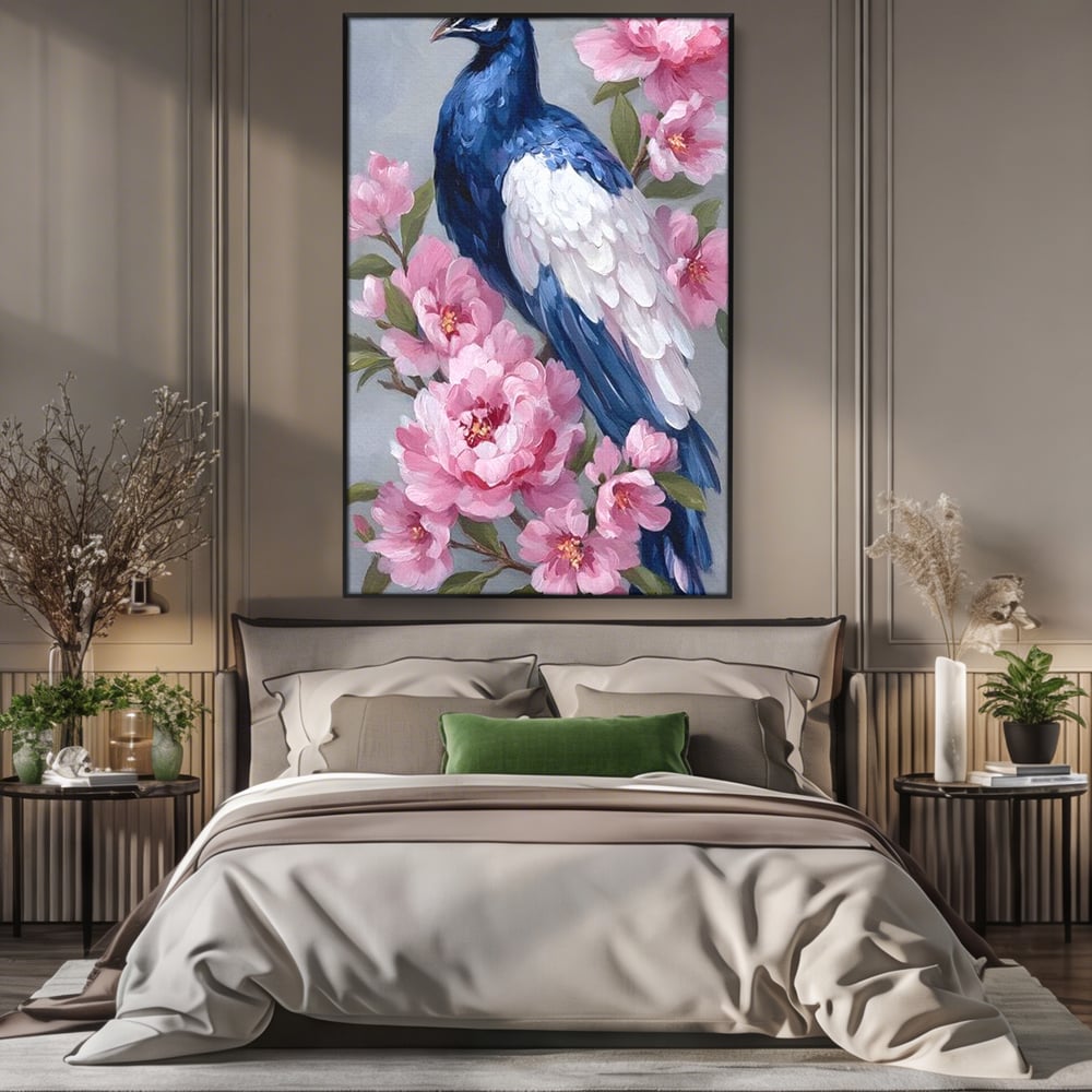 Leinwand Wandkunst Canvas Premium, LuxCanva® M1116, Floral Serenade, Pfau, Blumen, Pfau, Rosa, Frühling, Veredelung, Pastell, Seide, Natur, Edel, Vogel, Büro, Wohnen, Kinderzimmer