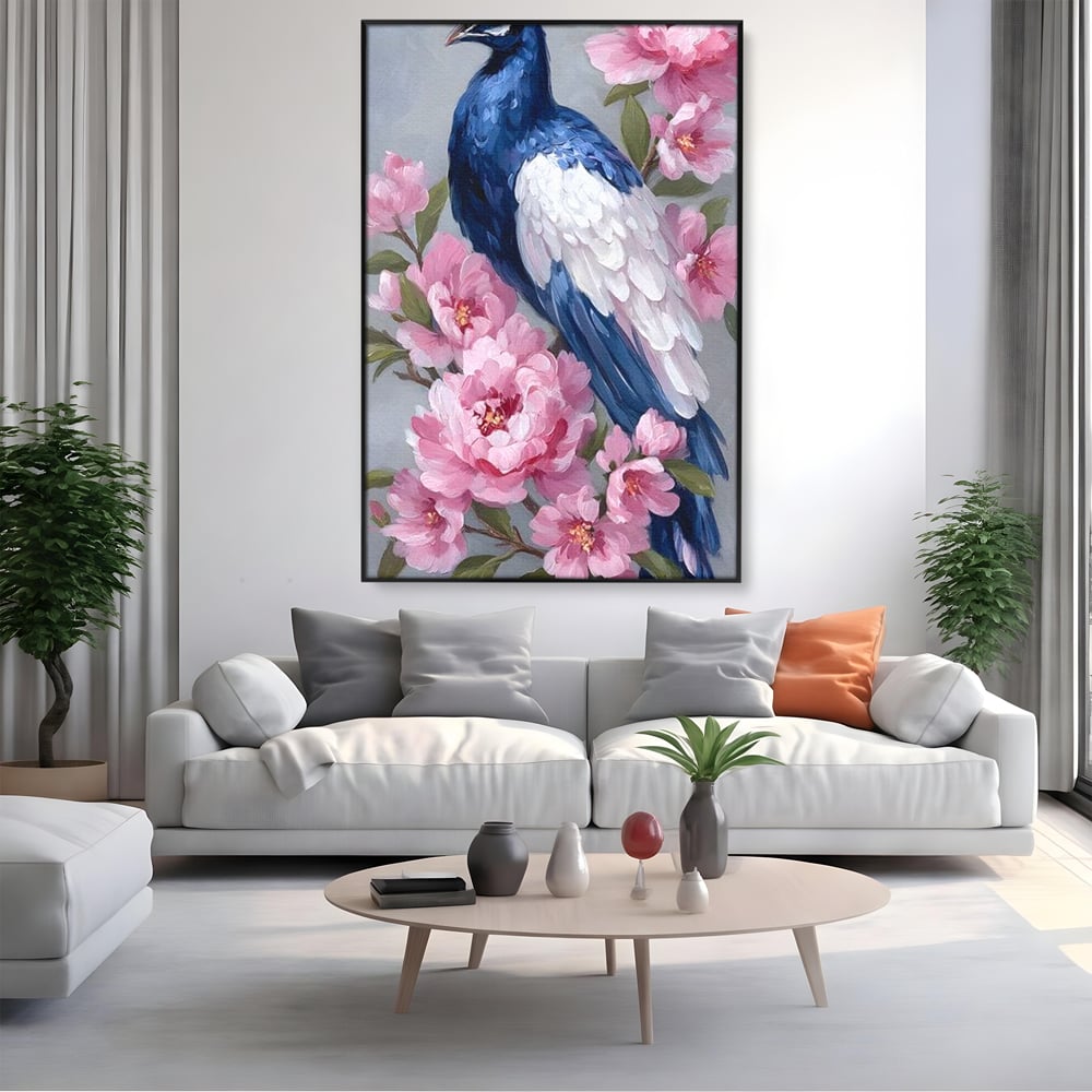 Leinwand Wandkunst Canvas Premium, LuxCanva® M1116, Floral Serenade, Pfau, Blumen, Pfau, Rosa, Frühling, Veredelung, Pastell, Seide, Natur, Edel, Vogel, Büro, Wohnen, Kinderzimmer