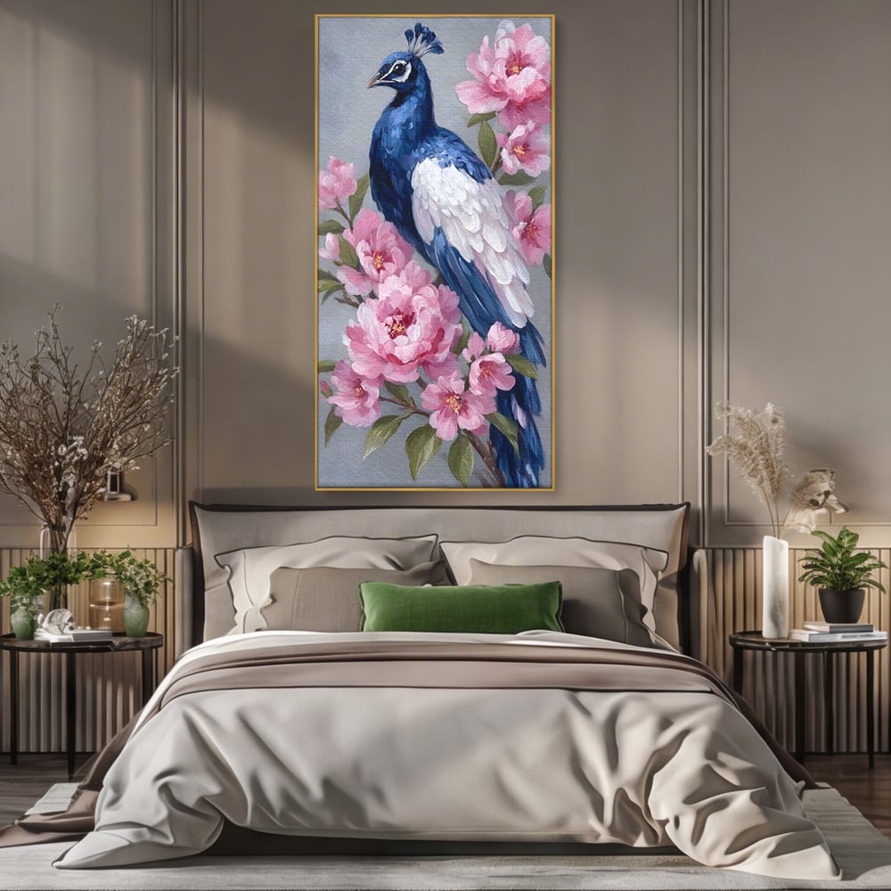Leinwand Wandkunst Canvas Premium, LuxCanva® M1116, Floral Serenade, Pfau, Blumen, Pfau, Rosa, Frühling, Veredelung, Pastell, Seide, Natur, Edel, Vogel, Büro, Wohnen, Kinderzimmer