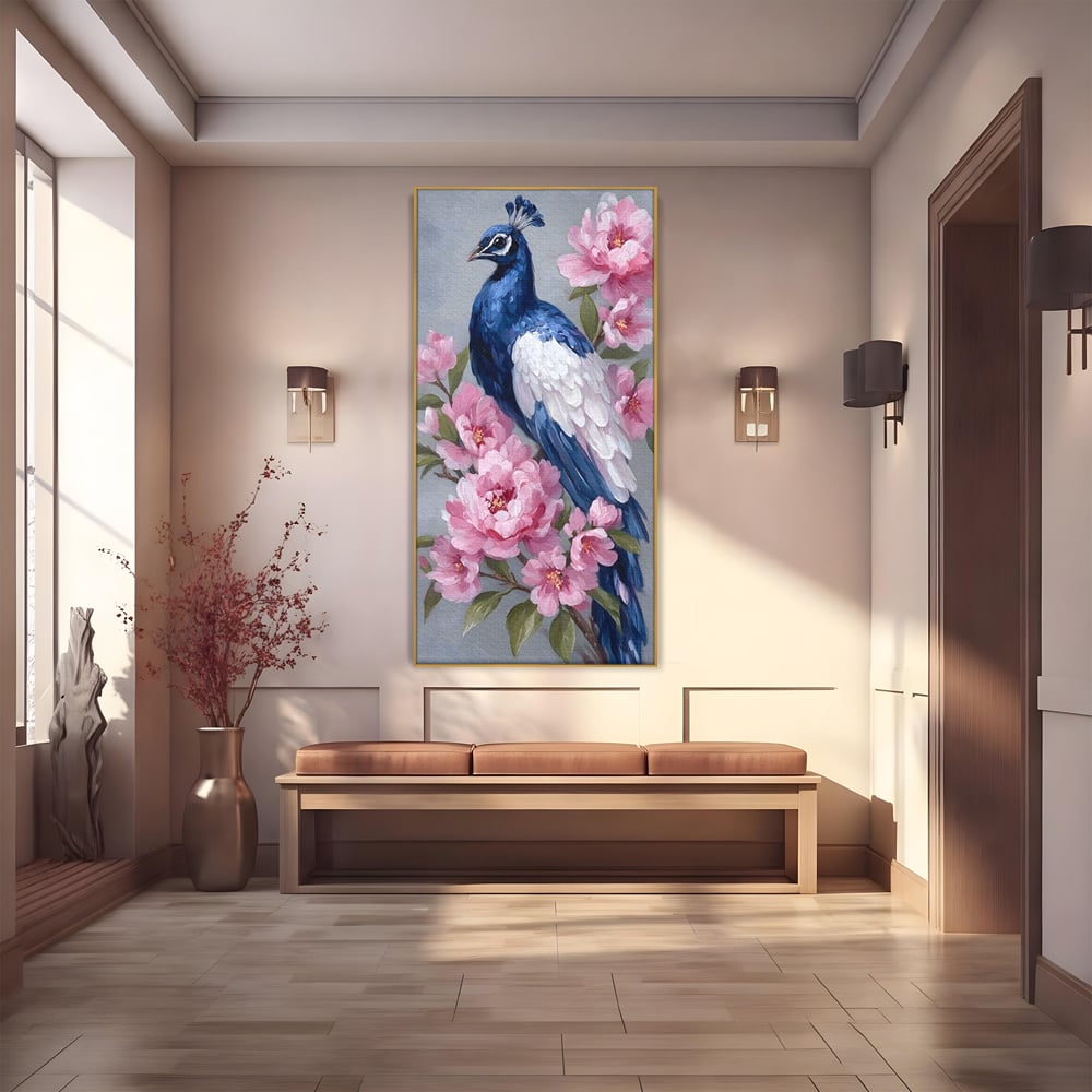 Leinwand Wandkunst Canvas Premium, LuxCanva® M1116, Floral Serenade, Pfau, Blumen, Pfau, Rosa, Frühling, Veredelung, Pastell, Seide, Natur, Edel, Vogel, Büro, Wohnen, Kinderzimmer