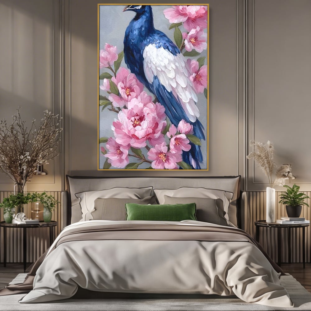 Leinwand Wandkunst Canvas Premium, LuxCanva® M1116, Floral Serenade, Pfau, Blumen, Pfau, Rosa, Frühling, Veredelung, Pastell, Seide, Natur, Edel, Vogel, Büro, Wohnen, Kinderzimmer