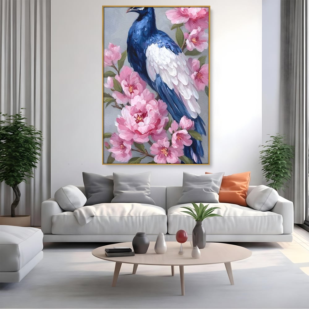 Leinwand Wandkunst Canvas Premium, LuxCanva® M1116, Floral Serenade, Pfau, Blumen, Pfau, Rosa, Frühling, Veredelung, Pastell, Seide, Natur, Edel, Vogel, Büro, Wohnen, Kinderzimmer