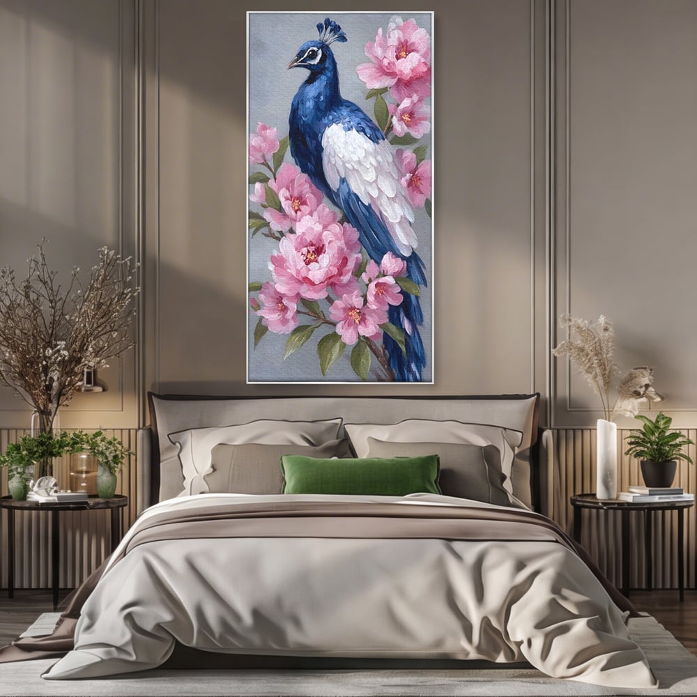 Leinwand Wandkunst Canvas Premium, LuxCanva® M1116, Floral Serenade, Pfau, Blumen, Pfau, Rosa, Frühling, Veredelung, Pastell, Seide, Natur, Edel, Vogel, Büro, Wohnen, Kinderzimmer