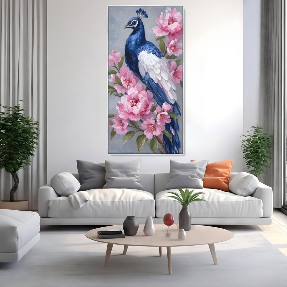 Leinwand Wandkunst Canvas Premium, LuxCanva® M1116, Floral Serenade, Pfau, Blumen, Pfau, Rosa, Frühling, Veredelung, Pastell, Seide, Natur, Edel, Vogel, Büro, Wohnen, Kinderzimmer
