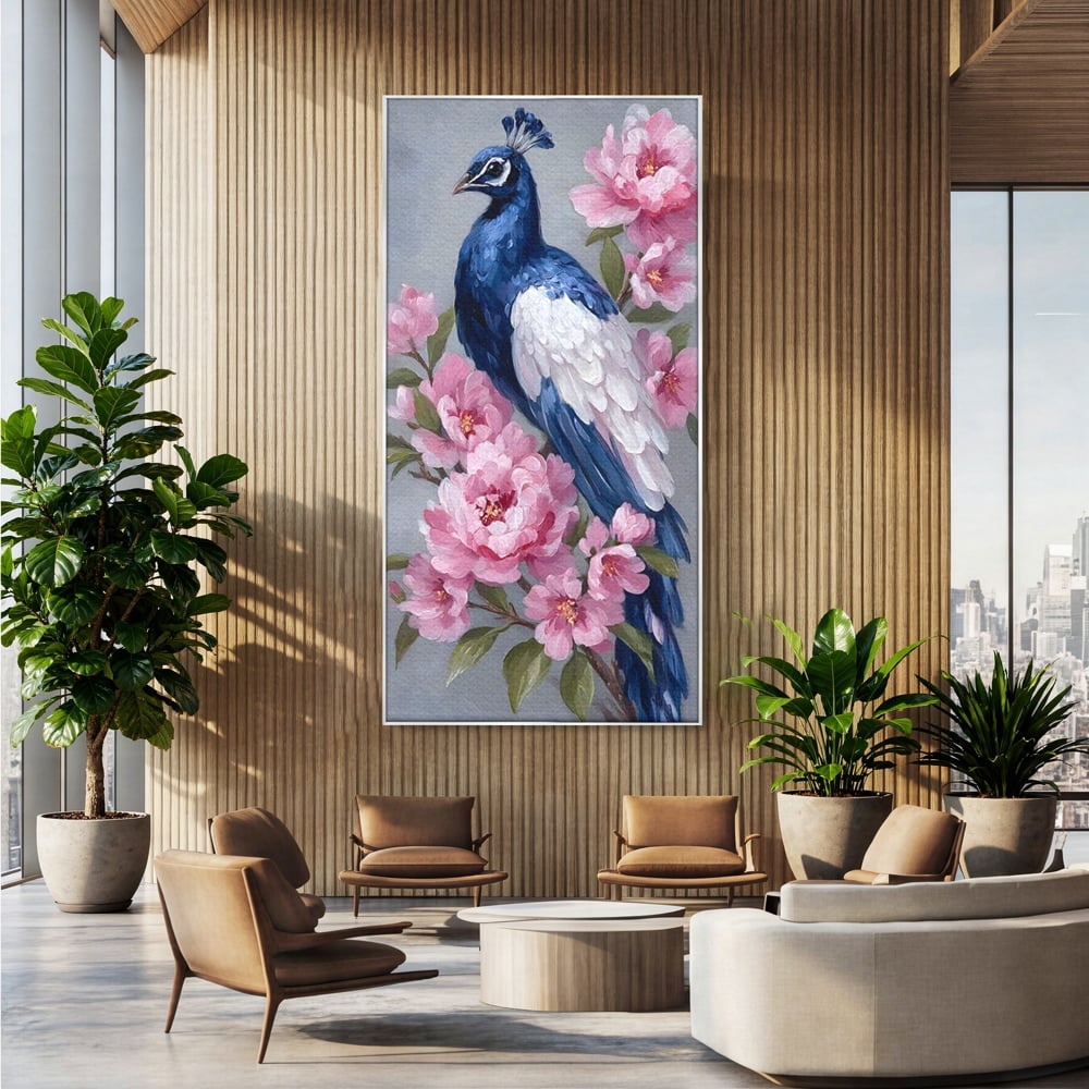 Leinwand Wandkunst Canvas Premium, LuxCanva® M1116, Floral Serenade, Pfau, Blumen, Pfau, Rosa, Frühling, Veredelung, Pastell, Seide, Natur, Edel, Vogel, Büro, Wohnen, Kinderzimmer