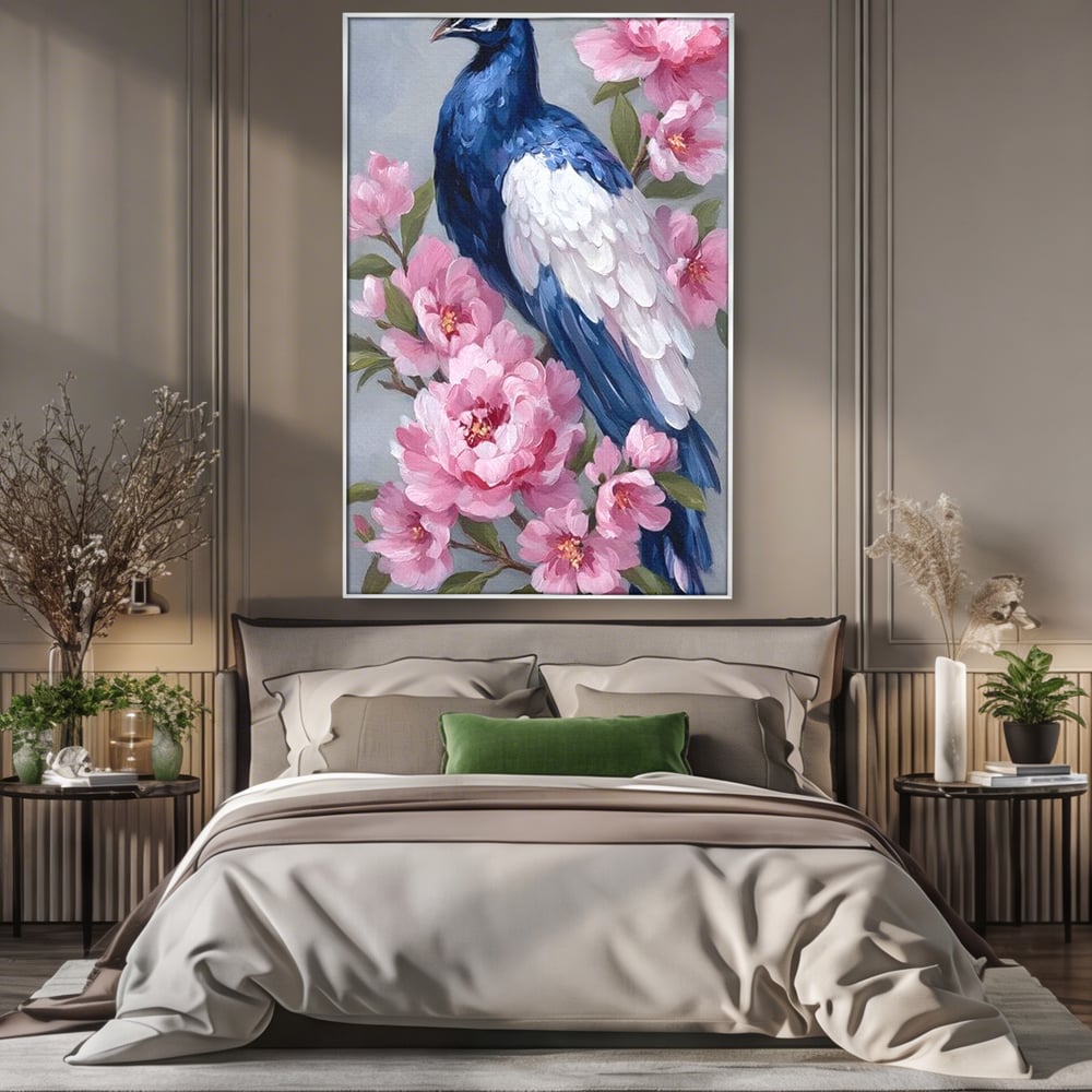 Leinwand Wandkunst Canvas Premium, LuxCanva® M1116, Floral Serenade, Pfau, Blumen, Pfau, Rosa, Frühling, Veredelung, Pastell, Seide, Natur, Edel, Vogel, Büro, Wohnen, Kinderzimmer