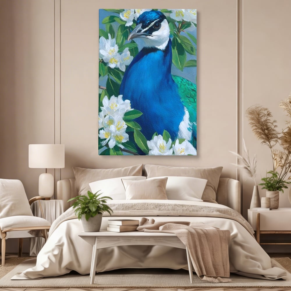 Tablou Canvas Premium, LuxCanva® M1117, Aurora Albastra, Estetic, Arta, Portret, Flori, Paun, Gratios, Privire, Pictura, Exotic, Elegant, Natura, Contrast, Birou, Living, Camera Copil