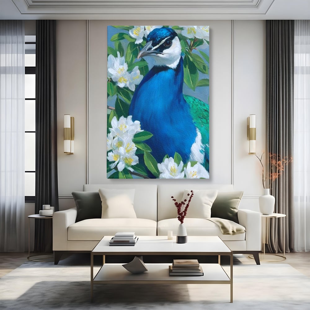 Tablou Canvas Premium, LuxCanva® M1117, Aurora Albastra, Estetic, Arta, Portret, Flori, Paun, Gratios, Privire, Pictura, Exotic, Elegant, Natura, Contrast, Birou, Living, Camera Copil