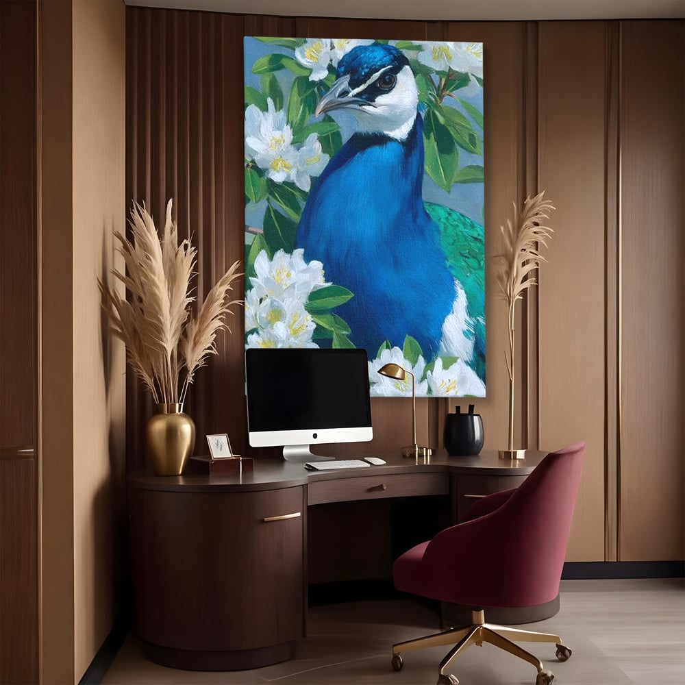 Tablou Canvas Premium, LuxCanva® M1117, Aurora Albastra, Estetic, Arta, Portret, Flori, Paun, Gratios, Privire, Pictura, Exotic, Elegant, Natura, Contrast, Birou, Living, Camera Copil