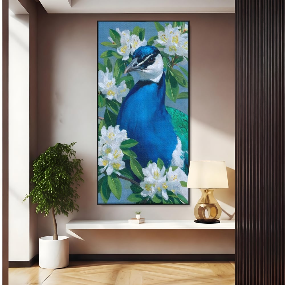 Tablou Canvas Premium, LuxCanva® M1117, Aurora Albastra, Estetic, Arta, Portret, Flori, Paun, Gratios, Privire, Pictura, Exotic, Elegant, Natura, Contrast, Birou, Living, Camera Copil