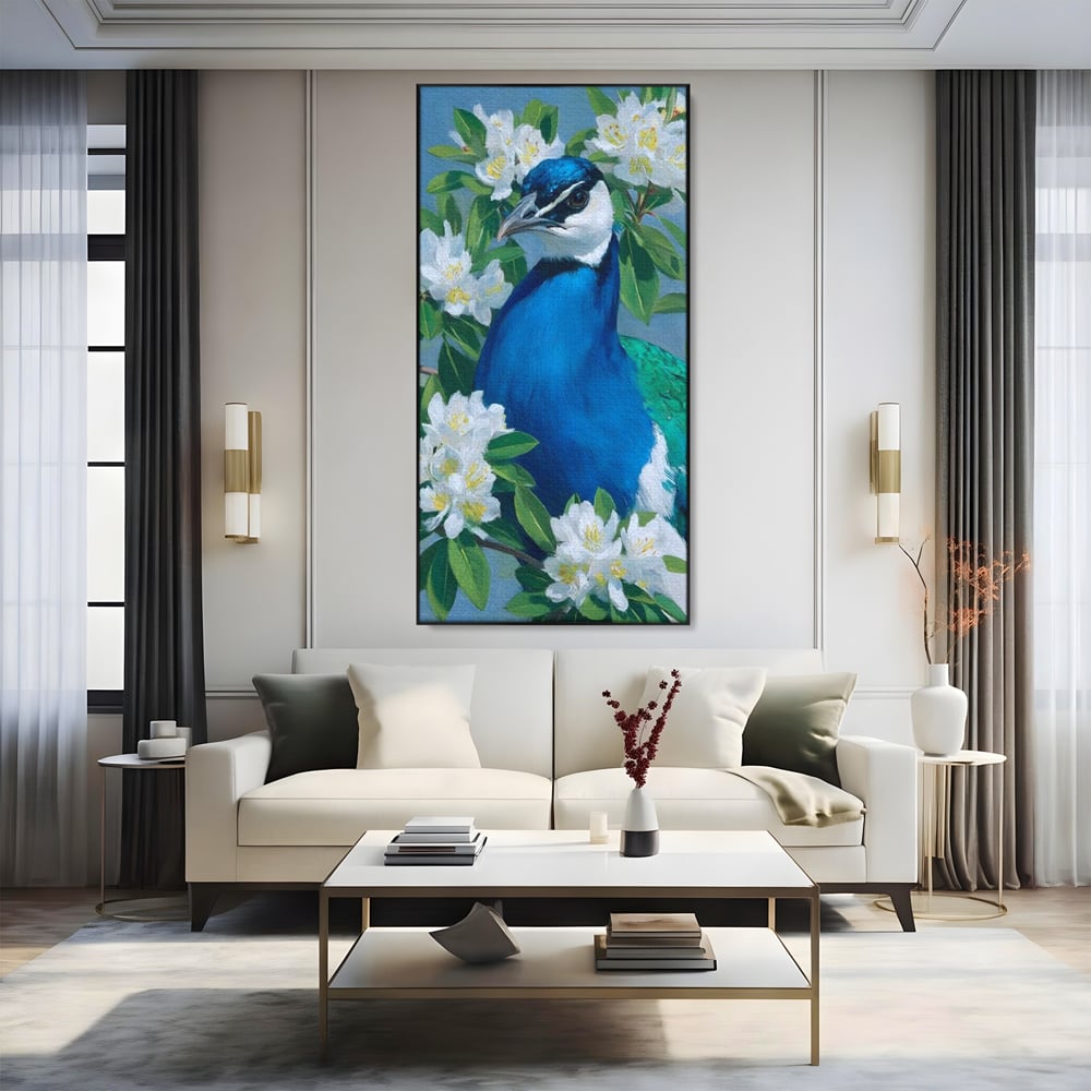 Tablou Canvas Premium, LuxCanva® M1117, Aurora Albastra, Estetic, Arta, Portret, Flori, Paun, Gratios, Privire, Pictura, Exotic, Elegant, Natura, Contrast, Birou, Living, Camera Copil