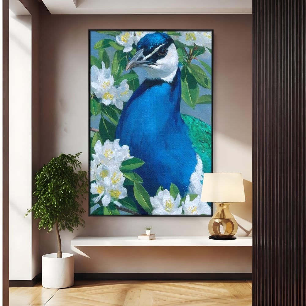 Tablou Canvas Premium, LuxCanva® M1117, Aurora Albastra, Estetic, Arta, Portret, Flori, Paun, Gratios, Privire, Pictura, Exotic, Elegant, Natura, Contrast, Birou, Living, Camera Copil
