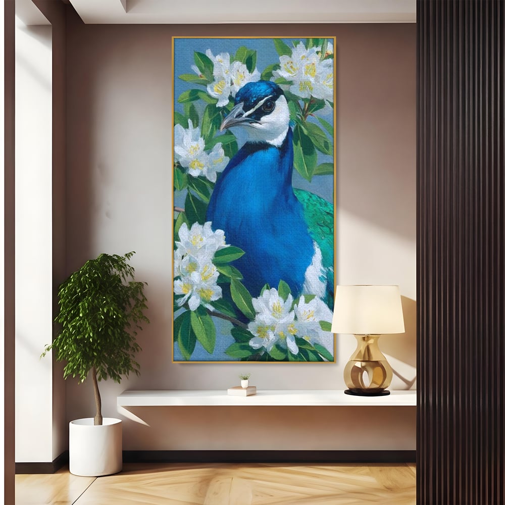 Tablou Canvas Premium, LuxCanva® M1117, Aurora Albastra, Estetic, Arta, Portret, Flori, Paun, Gratios, Privire, Pictura, Exotic, Elegant, Natura, Contrast, Birou, Living, Camera Copil