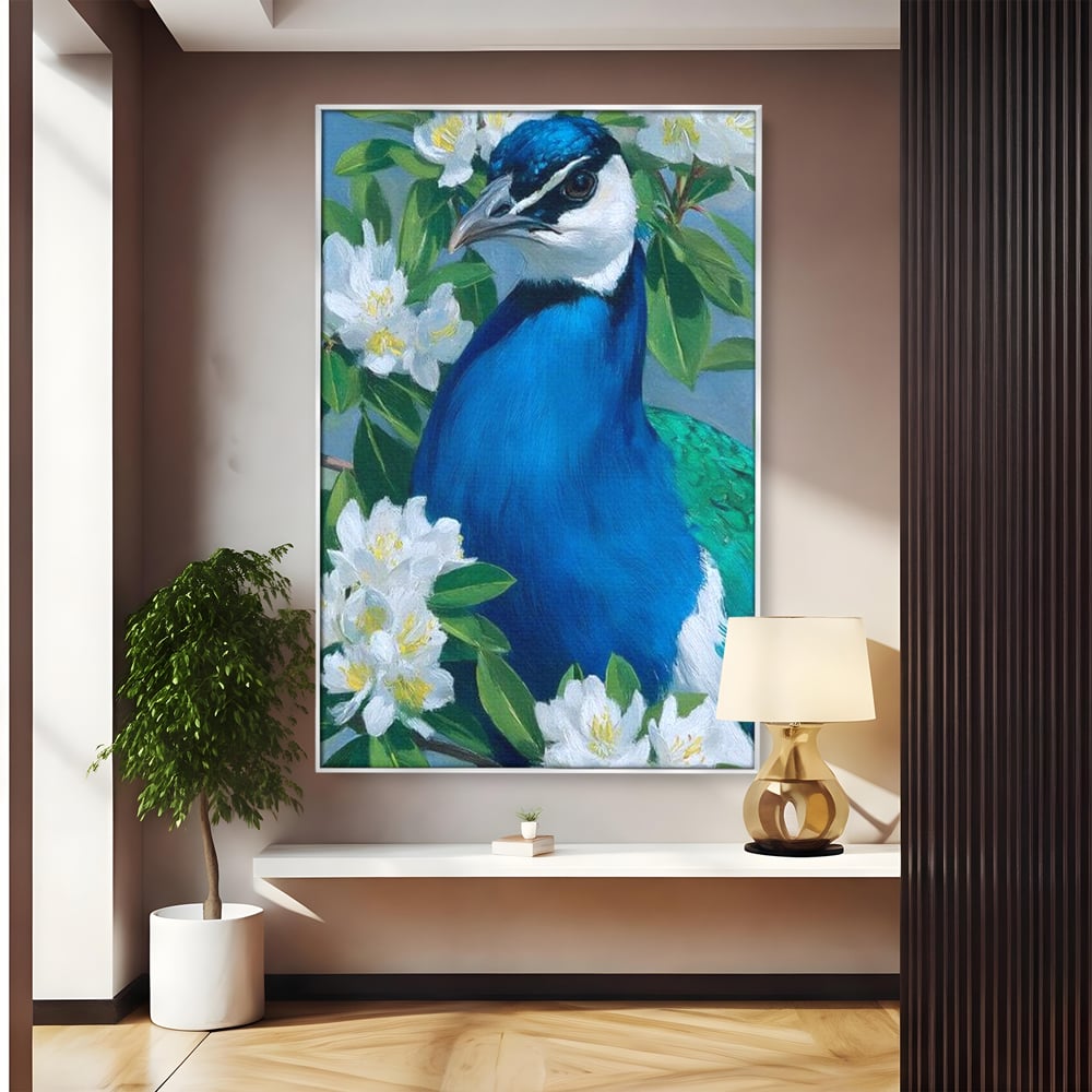 Tablou Canvas Premium, LuxCanva® M1117, Aurora Albastra, Estetic, Arta, Portret, Flori, Paun, Gratios, Privire, Pictura, Exotic, Elegant, Natura, Contrast, Birou, Living, Camera Copil