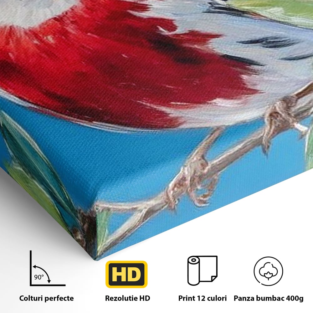 Tablou Canvas Premium, LuxCanva® M1118, Solistul de Rubin, Cardinal, Rosu, Ramura, Muguri, Frunze, Pasare, Natura, Contrast, Pictura, Cer, Birou, Living, Camera Copil