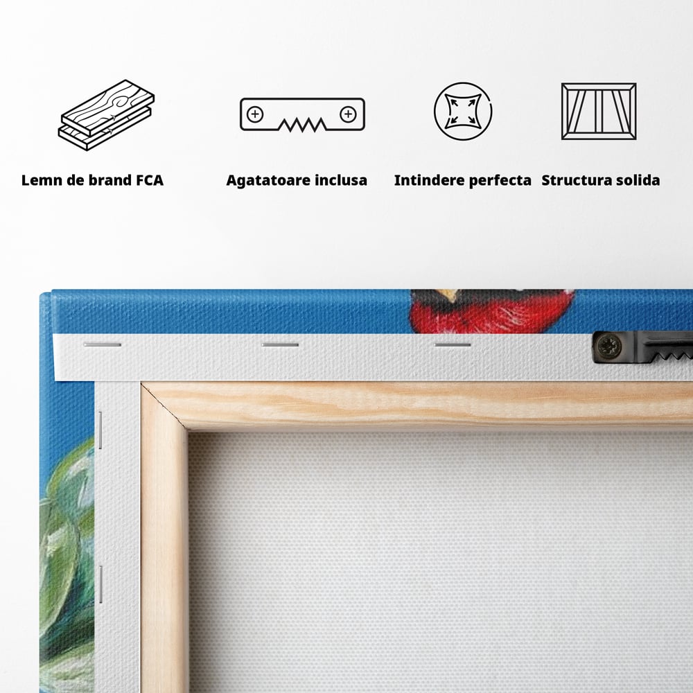 Tablou Canvas Premium, LuxCanva® M1118, Solistul de Rubin, Cardinal, Rosu, Ramura, Muguri, Frunze, Pasare, Natura, Contrast, Pictura, Cer, Birou, Living, Camera Copil