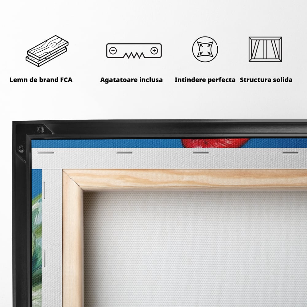 Tablou Canvas Premium, LuxCanva® M1118, Solistul de Rubin, Cardinal, Rosu, Ramura, Muguri, Frunze, Pasare, Natura, Contrast, Pictura, Cer, Birou, Living, Camera Copil