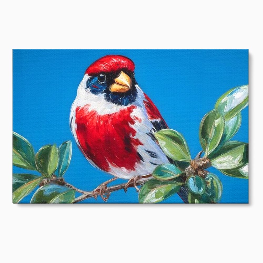 Tablou Canvas Premium, LuxCanva® M1118, Solistul de Rubin, Cardinal, Rosu, Ramura, Muguri, Frunze, Pasare, Natura, Contrast, Pictura, Cer, Birou, Living, Camera Copil