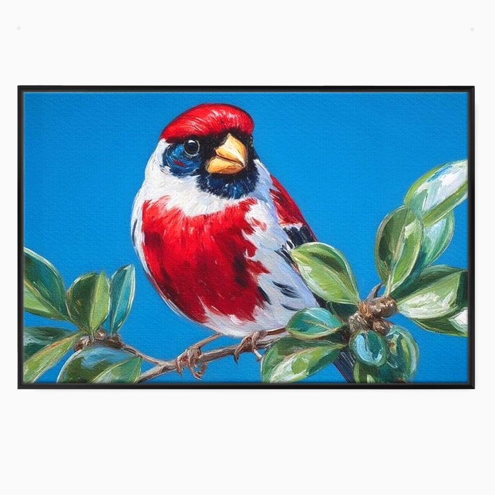Tablou Canvas Premium, LuxCanva® M1118, Solistul de Rubin, Cardinal, Rosu, Ramura, Muguri, Frunze, Pasare, Natura, Contrast, Pictura, Cer, Birou, Living, Camera Copil