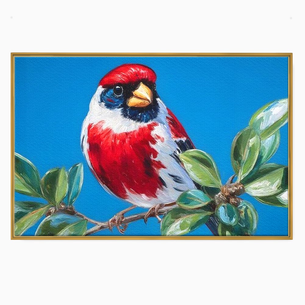 Tablou Canvas Premium, LuxCanva® M1118, Solistul de Rubin, Cardinal, Rosu, Ramura, Muguri, Frunze, Pasare, Natura, Contrast, Pictura, Cer, Birou, Living, Camera Copil