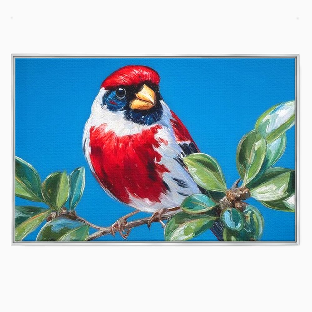 Tablou Canvas Premium, LuxCanva® M1118, Solistul de Rubin, Cardinal, Rosu, Ramura, Muguri, Frunze, Pasare, Natura, Contrast, Pictura, Cer, Birou, Living, Camera Copil