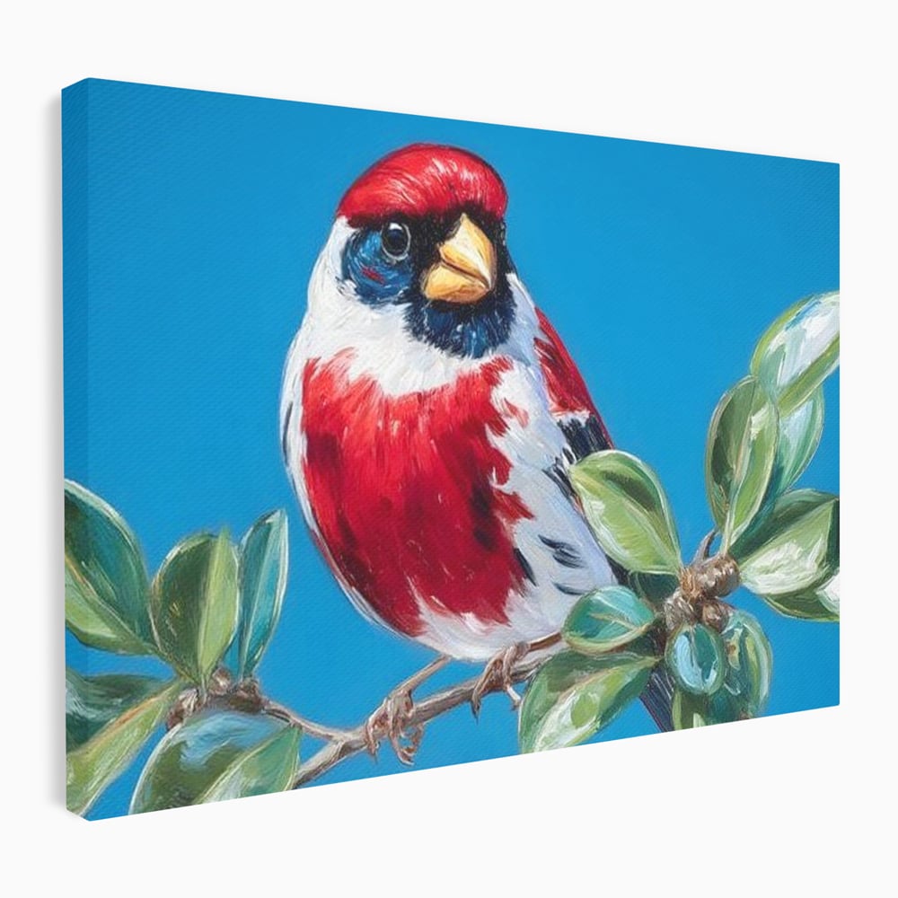 Tablou Canvas Premium, LuxCanva® M1118, Solistul de Rubin, Cardinal, Rosu, Ramura, Muguri, Frunze, Pasare, Natura, Contrast, Pictura, Cer, Birou, Living, Camera Copil