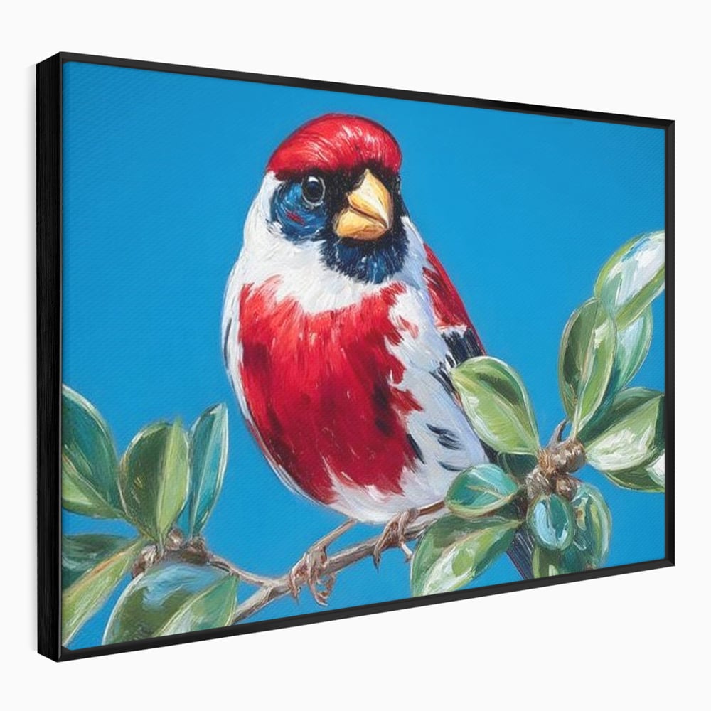 Tablou Canvas Premium, LuxCanva® M1118, Solistul de Rubin, Cardinal, Rosu, Ramura, Muguri, Frunze, Pasare, Natura, Contrast, Pictura, Cer, Birou, Living, Camera Copil
