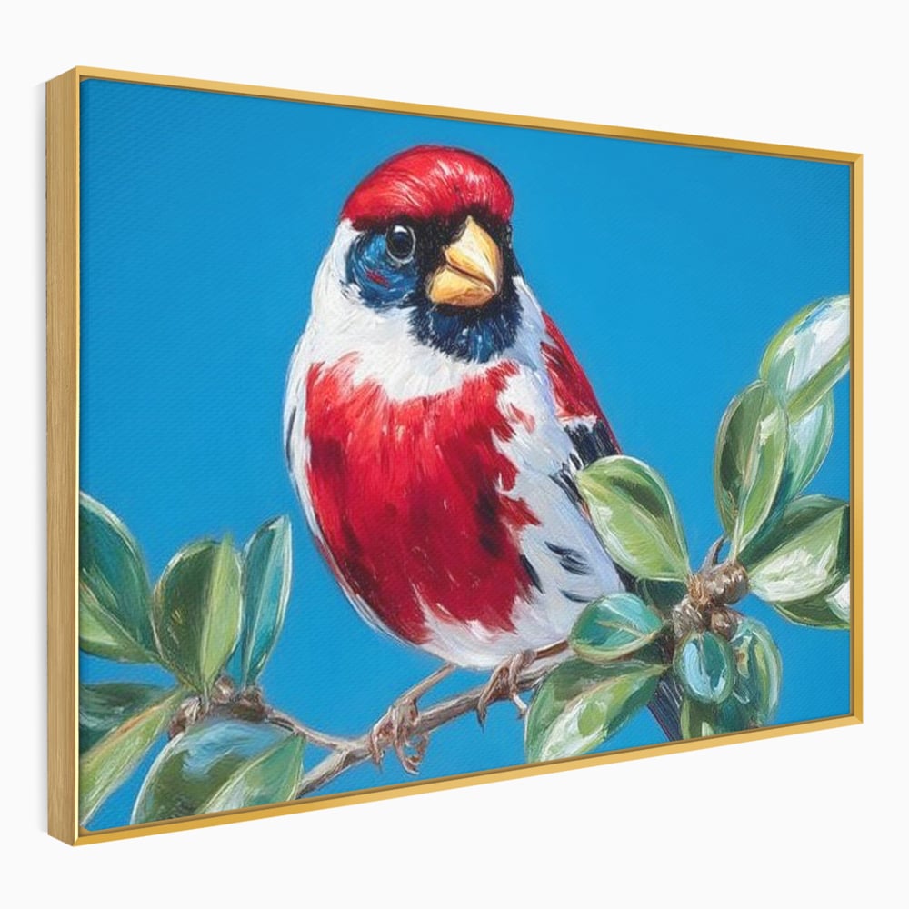 Tablou Canvas Premium, LuxCanva® M1118, Solistul de Rubin, Cardinal, Rosu, Ramura, Muguri, Frunze, Pasare, Natura, Contrast, Pictura, Cer, Birou, Living, Camera Copil