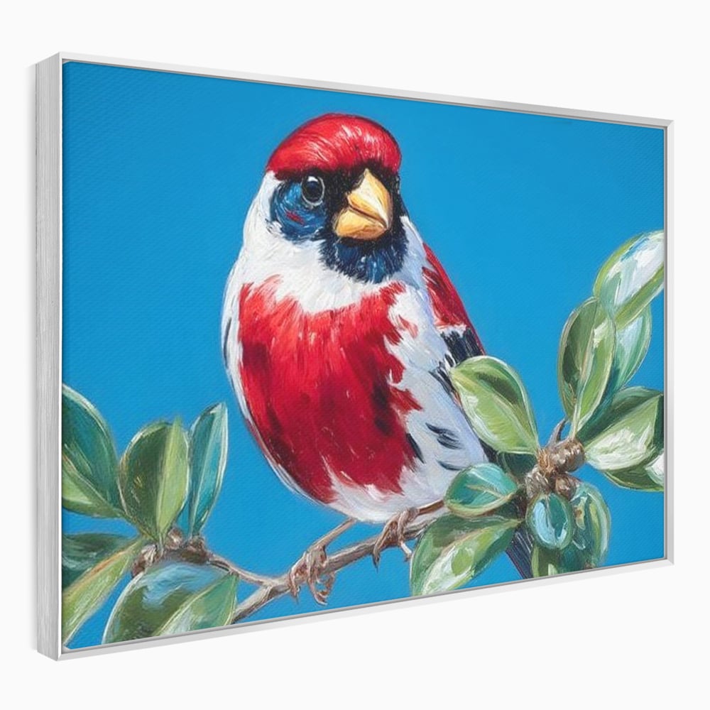 Tablou Canvas Premium, LuxCanva® M1118, Solistul de Rubin, Cardinal, Rosu, Ramura, Muguri, Frunze, Pasare, Natura, Contrast, Pictura, Cer, Birou, Living, Camera Copil